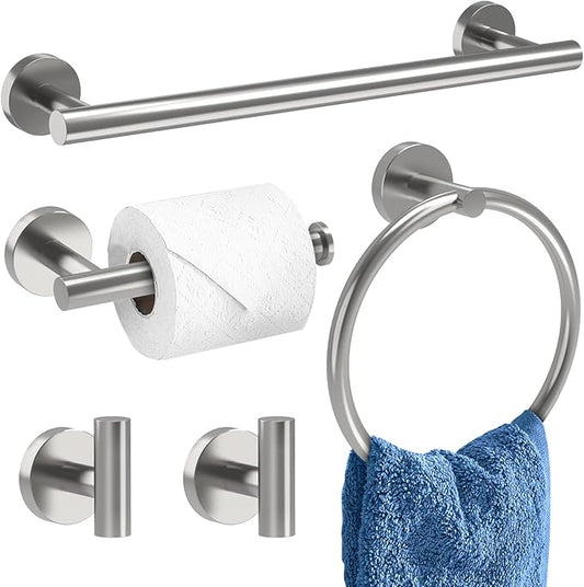 Brushed Nickel Bathroom Accessories, Bathroom Hardware Set, SUS304 Stainless Steel Bathroom Towel Holder Set, 16 Inch Towel Bar Set 5 Pcs, 2 Towel Hooks, Toilet Paper Holder, Towel Ring