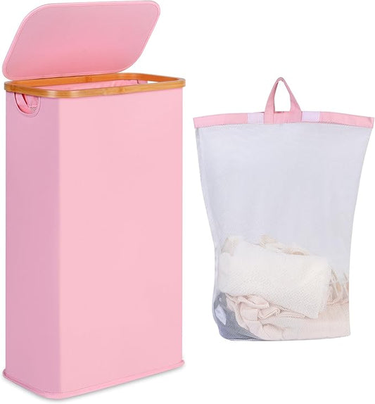 65L Slim Laundry Hamper, Narrow Laundry Basket with Lid,Foldable Clothes Hamper with Bamboo Handles,Hamper Basket with Removable Inner Bag for Laundry Room Bedroom College Dorm,17.17 Gals Pink