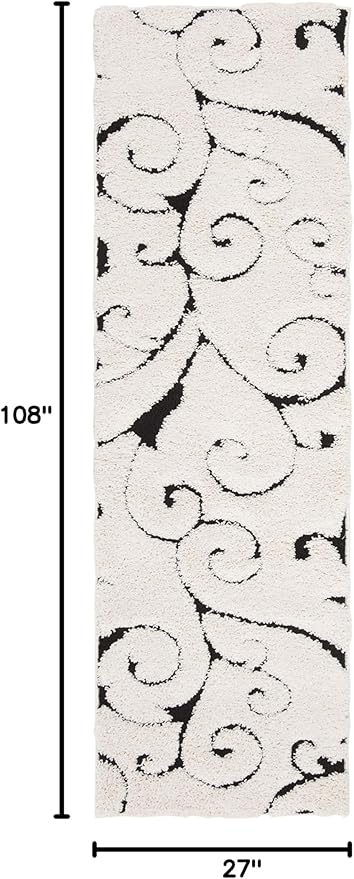 SAFAVIEH Florida Shag Collection Runner Rug - 2'3" x 9', Ivory & Black, Scroll Design, Non-Shedding & Easy to Clean, High-Low Plush Pile, Ideal for Bedroom, Foyer, Hallway (SG455-1290)