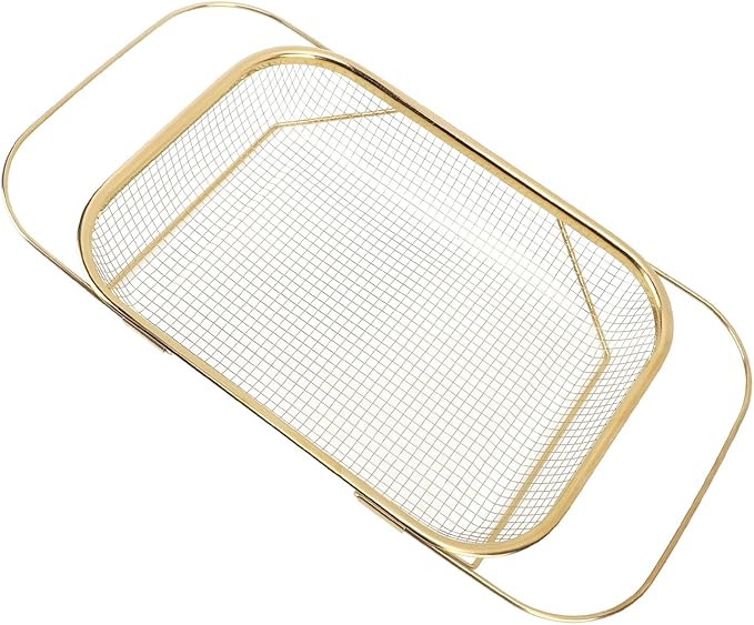 JTLB Over The Sink Colander Strainer Basket Stainless Steel for Kitchen Sink with Handles Fine Mesh Expandable Kitchen Essentials Rectangle (Gold)