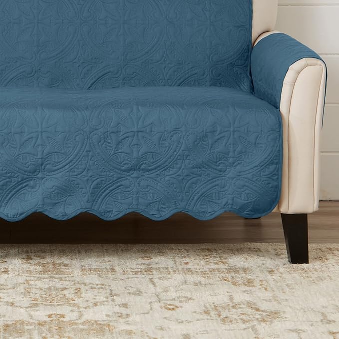 Great Bay Home Reversible Loveseat Cover - Washable Slipcover Furniture Protector with Elastic Straps - Couch Cover for Dogs, Kids, and Pets - Quilted & Stitched Detail (Loveseat, Smoke Blue/Ivory)