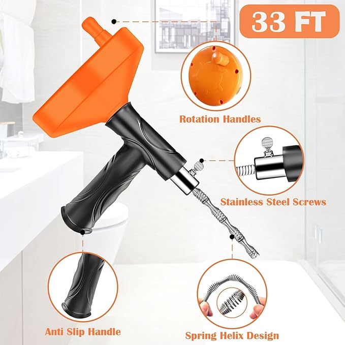 Drain Snake Auger (33 Feet), Plumbing Snake Drain Hair Clog Removal Tool, Sink Unclogger Drain Cleaner Tool for Bathroom Kitchen Tub Shower with Gloves