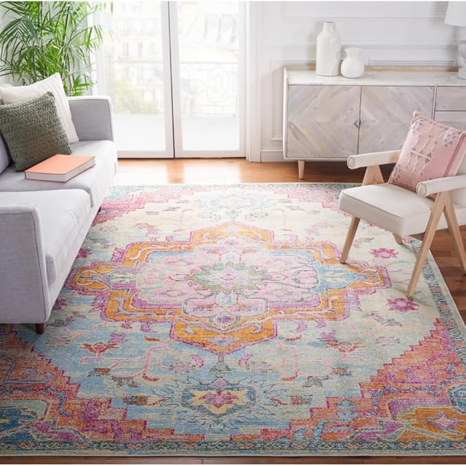 SAFAVIEH Crystal Collection Area Rug - 10' x 14', Light Blue & Fuchsia, Medallion Distressed Design, Non-Shedding & Easy Care, Ideal for High Traffic Areas in Living Room, Bedroom (CRS501B)