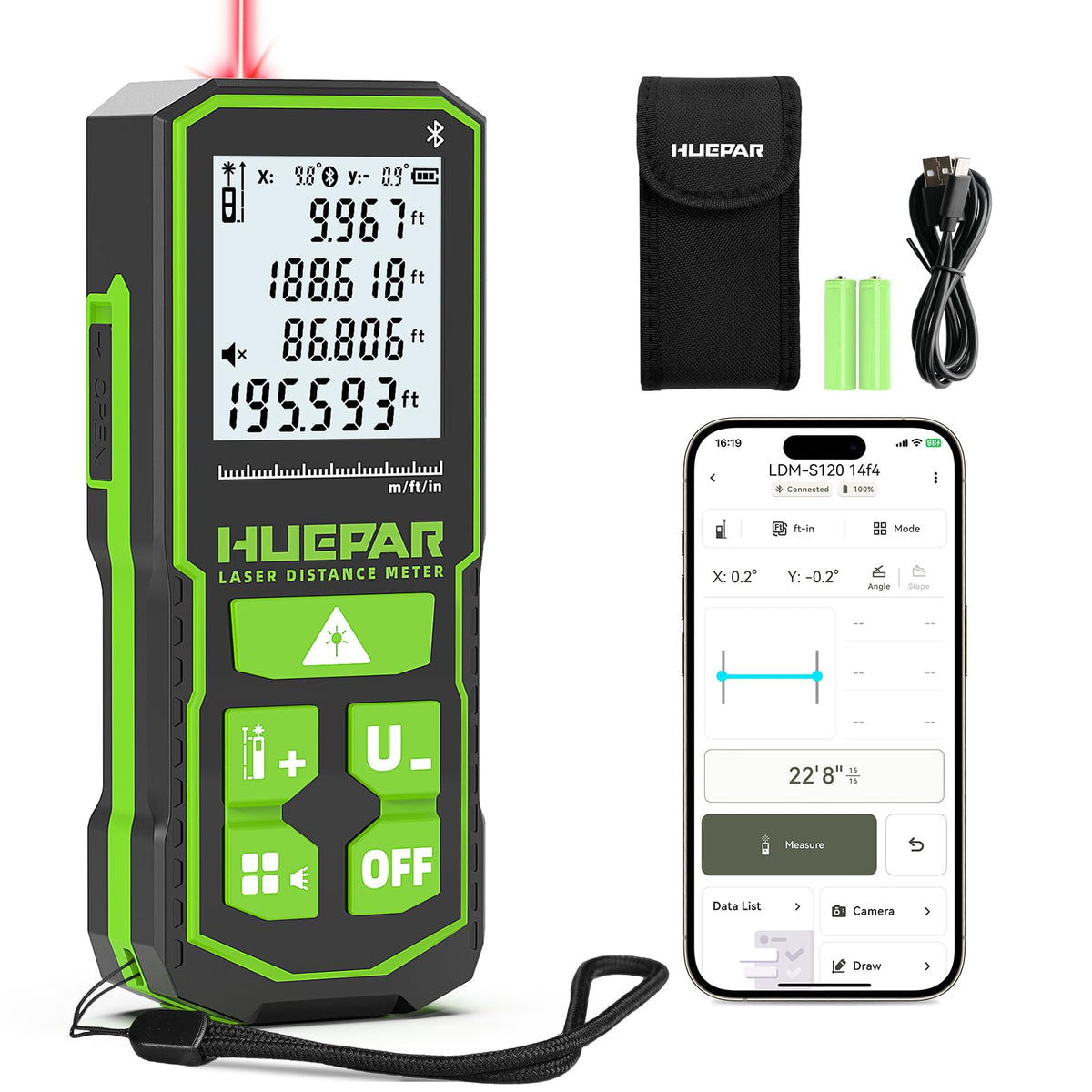 Huepar 200Ft Bluetooth Laser Measuring Tool S60-BT, APP Control - Image 1