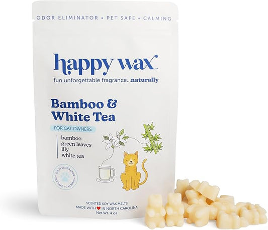 Happy Wax Bamboo & White Tea Scented Wax Melts for Cat Owners – Odor Eliminating, Calming, Pet-Safe, Non-Toxic, Dye-Free, Perfect for Use with Wax Warmers - 4 oz Pouch