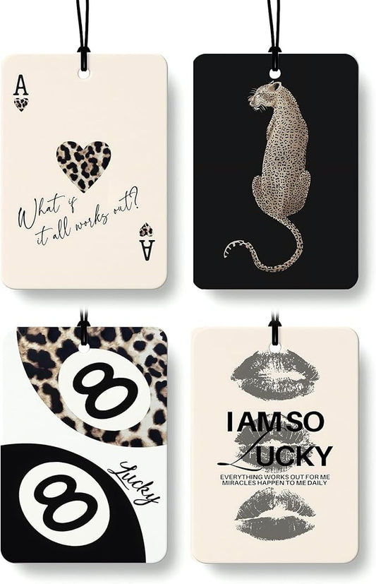 Black Leopard Print Car Air Freshener 4 Pcs, Trendy Cheetah Lucky 8 Ball Ace Card Lips Hanging Air Freshener for Cars Closet Drawer Books, Leopard Car Accessories Mirror Decor for Women