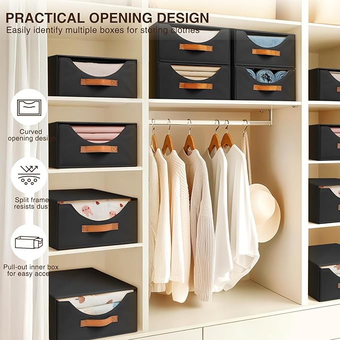 Stackable Storage Drawers - Large Collapsible Storage Bins with Drawers, 8 Pack Closet Shelf Organizer Basket, Fabric Pull Out Organizer for Bedroom, Living Room, Dorm, Black