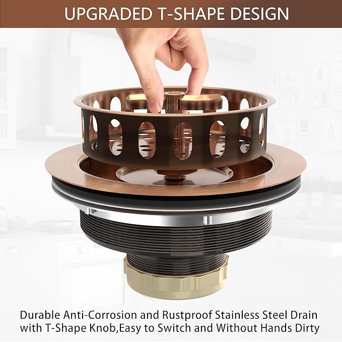 Kitchen Sink Drain Assembly 3-1/2 Inch Stainless Steel Kitchen Drain with T-Shaped Sink Strainer Basket and Drain Stopper for Standard Kitchen Sink Antique Copper