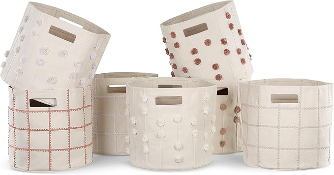 MakeMake Organics Storage Bins for Kids Nursery Bin Organizer (13"x12") Laundry Basket for Closet, Decorative Floor Storage Basket Canvas Fabric Storage Basket (Pompom - Taupe)