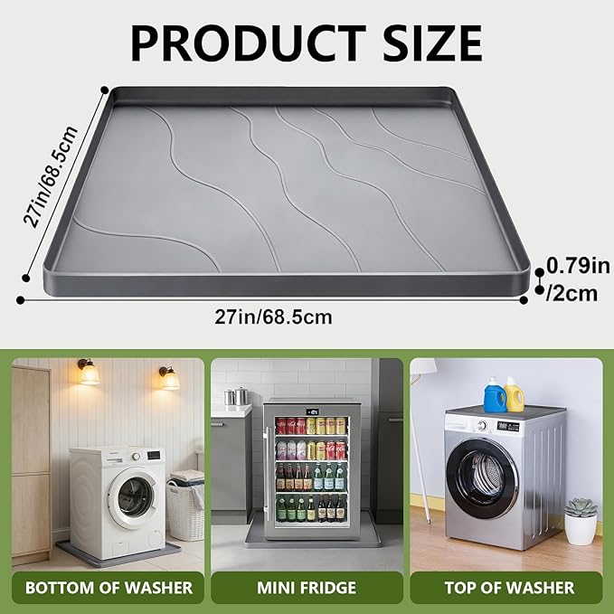 27×27×0.79inch Washing Machine Pan, With Raised Edge Washer Drip Tray, Drain Pan Silicone Mat, Foldable Portable Anti-Vibration Non-Slip Waterproof Pad, Textured Surface (Grey)