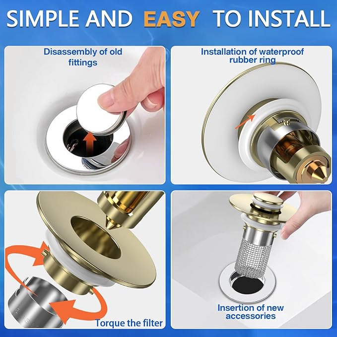 Sink Stopper Hair Catcher, Pop-up Sink Drain Strainer with Removable Stainless Steel Strainer Basket Hair Catcher, Bathroom Sink Strainer for Bathroom Sink Stopper Replacement (3, Brushed Gold)