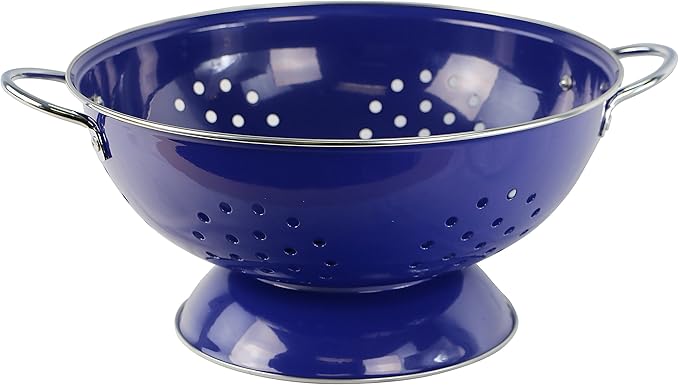 Reston Lloyd Calypso Basics Extra Large Enameled Colander with Solid Base, Strainer Basket with Handles, for Pasta, Berries, Vegetables, Fruit, Indigo, 7 Quart (224oz/ 6.6 L)