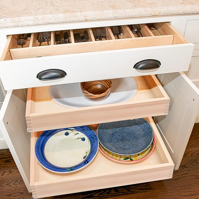 10”W x 21”D x 3”H Soft Close Slide Out Wood Drawer Organizer for Kitchen, (Cabinet Opening>11.5 inches for Bottom Assembly, Opening= 11 inches for Side Assembly)