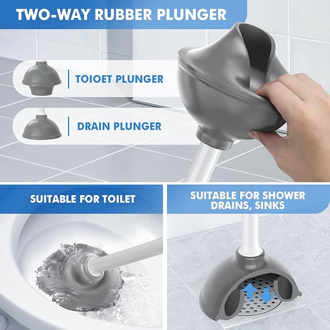 Toilet Plunger and Brush, Bowl Brush and Heavy Duty Toilet Plunger Set with Ventilated Holder, 2-in-1 Toilet Brush and Plunger Combo for Bathroom Cleaning (2, White)