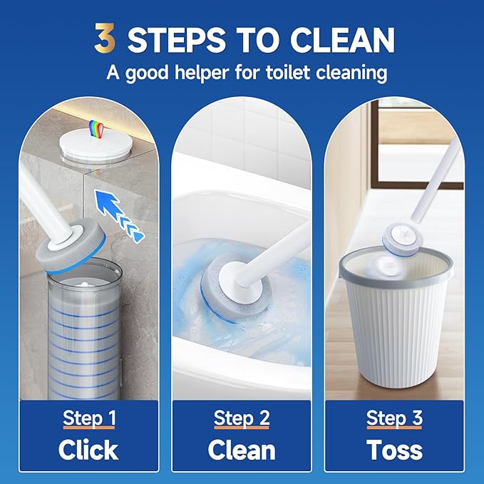 Disposable Toilet Brush, All-in-One Toilet Cleaning System,Toilet Bowl Wand Kit with 48 Count Scrubbing Pads Refills,Wall-Mounted,Compact,Multipurpose