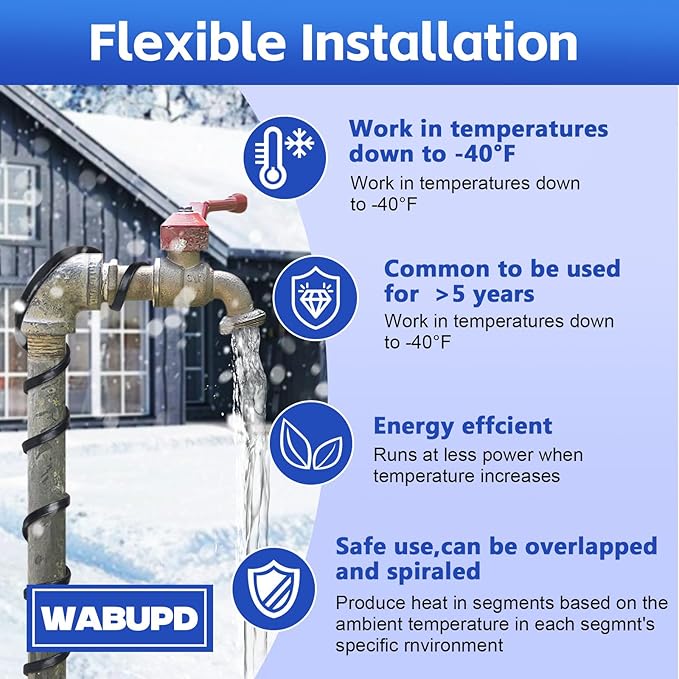 3FT-200FT Heat Tape for Water Pipes, -40°F Deicing Pipe Heat Cable,Electric Heating Cable Pipe,Frezze Protection for Heat Trace Cable for Metal, Plastic Home Pipes,Gutter,120V 5W/ft（140FT）