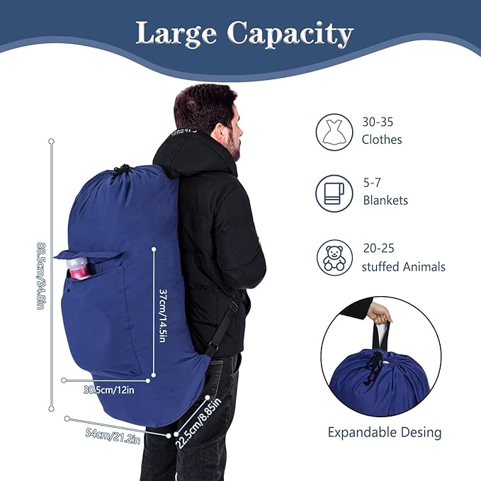Sanlykate Canvas Backpack Laundry Bag - Extra Large Durable Dirty Clothes 2-3 Days Capacity with Adjustable Shoulder Strap & Front Pocket, for College Dorm, Apartment, Laundromats, Camping Travel