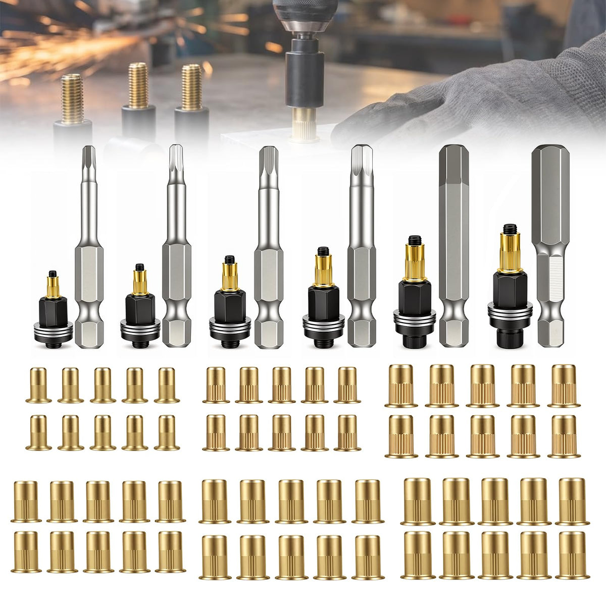 Carbon Steel Rivet Nut Tool Kit, Mandrel Head Set - Image 1