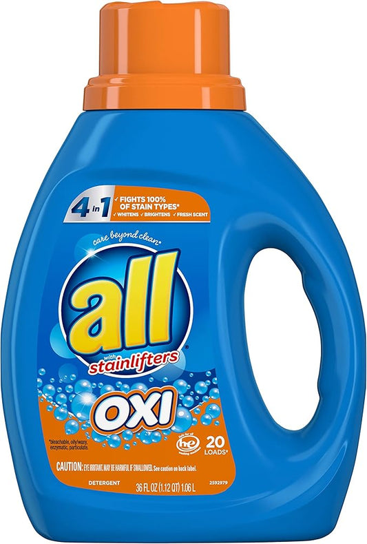 All Stainlifters Laundry Detergent Liquid with OXI Stain Removers and Whiteners, Fresh, 20 Loads, 36 Fl Oz