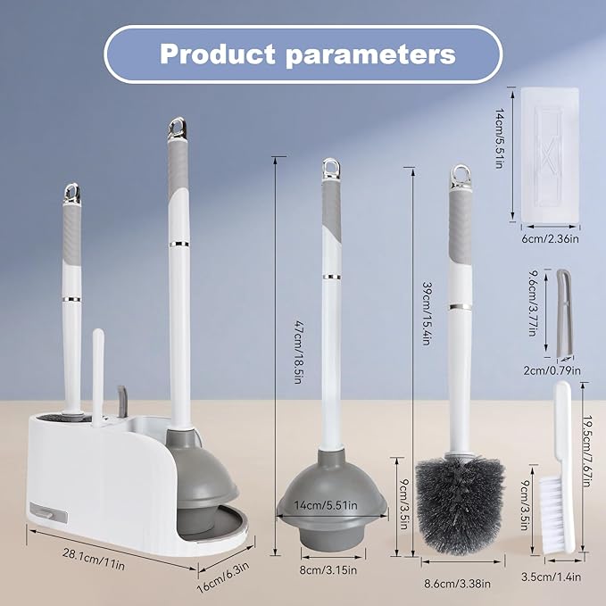 Toilet Brush and Plunger Set 4 in 1 Toilet Brush and Holder with Crevice Cleaning Brush and Clip Deep Cleaning, Wall Mounted Home Bathroom Cleaning Tool Combo （Gray 1）