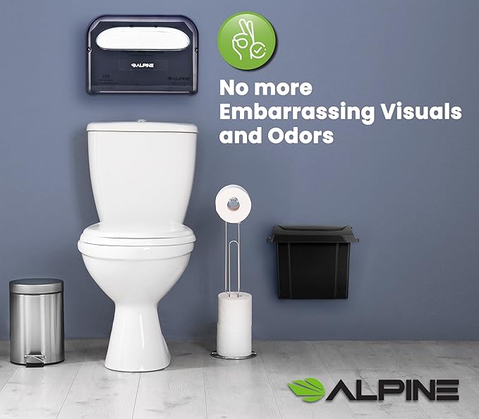 Alpine Sanitary Napkin Receptacle - Feminine Hygiene Disposal Container, Wall Mounted Trash Can with Odor Control Seal & Installation Hardware (Black)