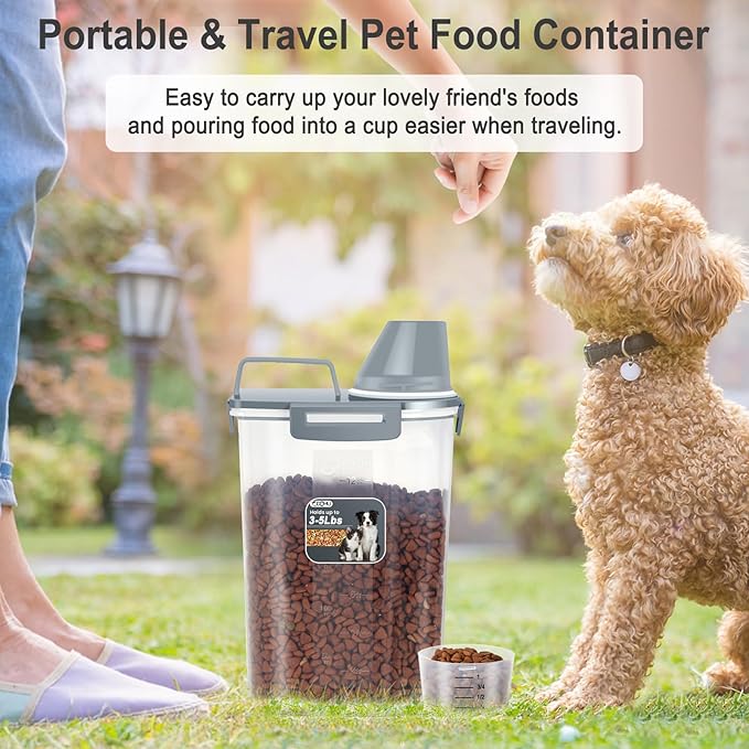 3-5LBS Upgraded Large Nozzle Cat Dog Food Storage Container BPA-free, Airtight Pet Food Storage Bin with 4 Lock Buckles, Sealing Gasket, Cup for Pet Food, Dog Treats, Rice, Flour, Dry- Grey Blue