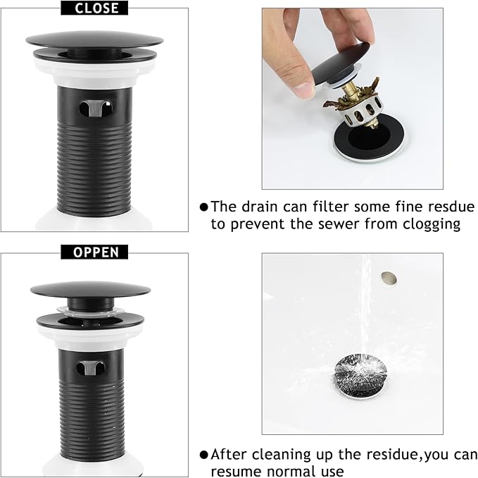 Bathroom Sink Drain,Drain Stopper Bathroom Sink with Overflow,Pop Up Drain Assembly with Detachable Strainer Basket,Built-in Anti-Clogging, Stainless Steel Nut Mattle Black