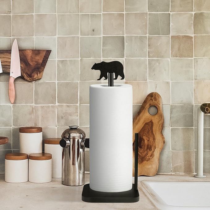 Leinuosen Cabin Bear Paper Towel Holder Farmhouse Bear Wooden Paper Towel Holder Black Bathroom Countertop Accessories Kitchen Stand Organizer Standing Apartment Decor Housewarming Gift