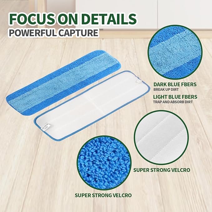 6 Pack Microfiber Cleaning Pads, Reusable Microfiber Mop Pads for 18 Inch Mop, Hardwood Floor Replacement Cleaning Mop Pads, Machine Washes