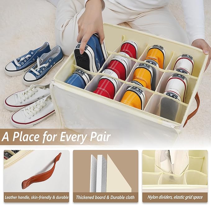 3 Pack Shoe Storage Box Organizer for Closet - 36 Cell Space Saver Shoes Containers Bin with Clear Lids Stackable, Can Fit Ottoman, Foldable Shoe Rack Cabinet Cubby for Wardrobe