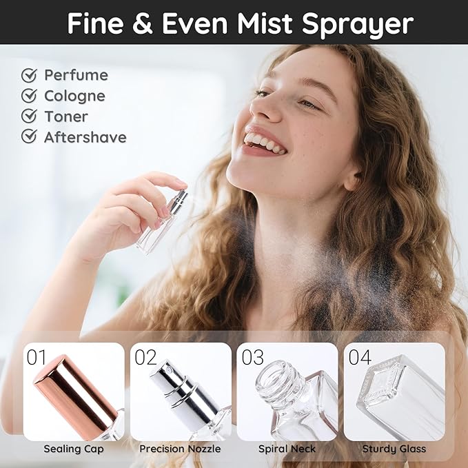 Segbeauty 40pcs 0.34oz Atomizer Sprayer for Perfume, Fine Mist Glass Refillable Travel Atomizer, 10ml Sample Cologne Glass Spray Bottles, Bulk Travel Cologne Sprayer with Perfume Transfer Tool