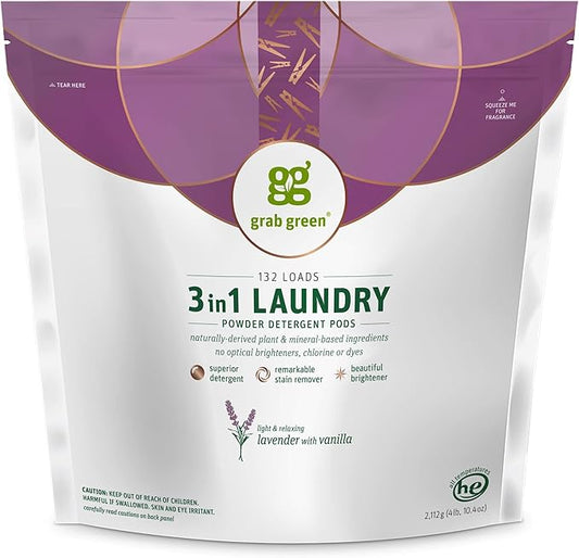 Grab Green 3-in-1 Laundry Detergent Pods, Lavender Vanilla Scent, Plant and Mineral Based, Superior Cleaning Power, Stain Remover, Brightens Clothes, White, 132 Count