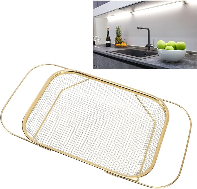 Over The Sink Colander, Rectangle Stainless Steel Over The Sink Strainer Basket For Kitchen Sink with Handles Fine Mesh Expandable Handy Kitchen Tool Kitchen Essentials (Gold)