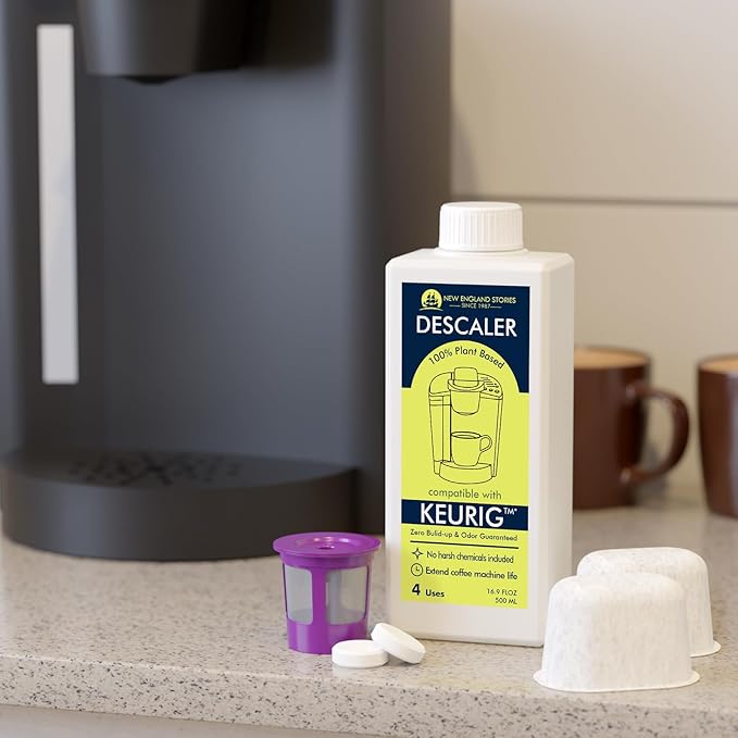 New England Stories Keurig Compatible Descaling Set, 1 Year Cleaning & Maintaining Set, Includes 1 Bottle of Descaler (4 Uses), 12 Cleaning Tablets, 1 Reusable Pod and 6 Water Filters