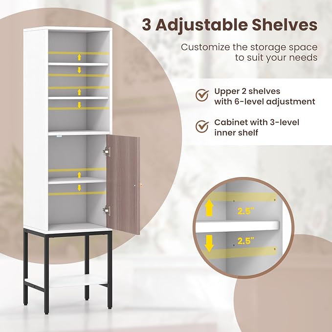 Giantex 57” Tall Bathroom Storage Cabinet, Floor Cabinet with Door, Adjustable Shelves & Foot Pads, Metal Legs, Anti-Tipping Kit, Slim Bathroom Storage Unit for Living Room, Kitchen (White)