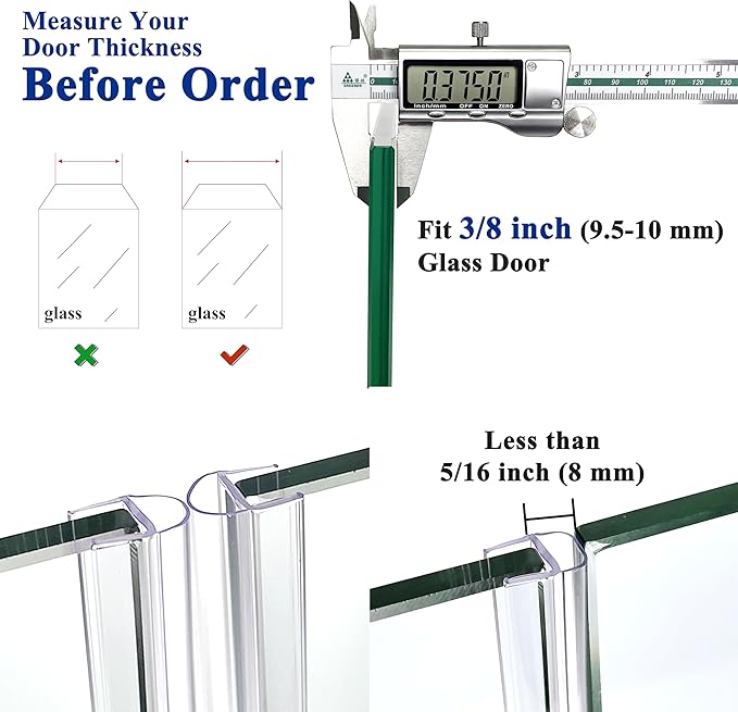 Frameless Shower Door Seal Strip 2 Pack x 39 Inch U for 3/8" Thick Glass Shower Door Side Seal Strip Bottom Seal Door Sweep Ultra Clear Polycarbonate, Stop Shower Leaks Create A Water Barrier