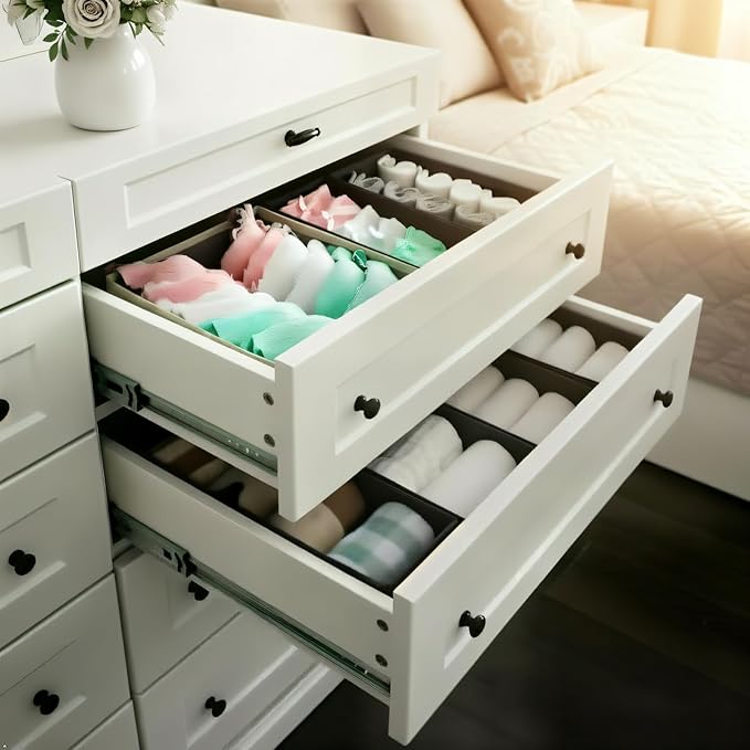Sock Drawer Organizer 6 Pack - Collapsible Fabric Storage Bins for Underwear Divider, Small Closet Organizers with 6 Compartments, Gray