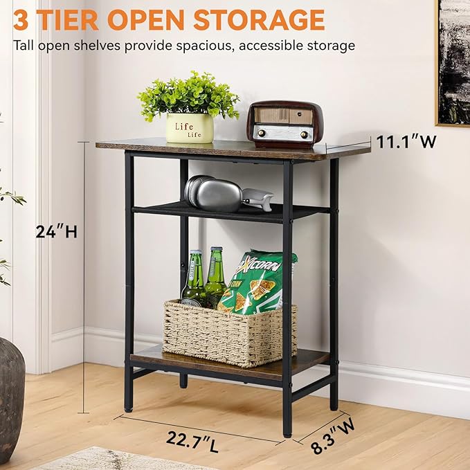 Narrow Side Table Set of 2 for Small Spaces, 3-Tier End Table for Living Room with Wide Storage Tabletop, Rustic Brown Slim Nightstand for Bedroom, Couch,Sofa