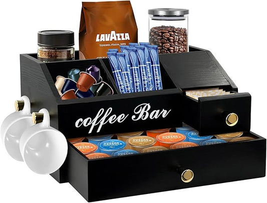 Coffee Station Organizer - Farmhouse Wood Kcup Holder for Counter, Countertop Snack Organizer with Hanging Handles, Suitable for Snacks, Coffee Capsules, Syrups and Various Accessories(Black)