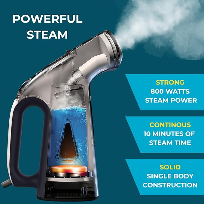 True & Tidy® Handheld Garment Steamer for Clothes with Water Cup Accessory, Portable Travel Steam Iron, Stainless Steel Plate up to 10 mins of Continuous Steam, 800 Watts, Black