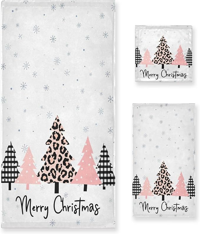 Pfrewn Plaid Pink Christmas Tree Towels Set of 3 Winter Forest Leopard Tree Grey Snowflakes Bathroom Towel Soft Absorbent Bath Hand Towels Washcloth Guest Towel Sets Xmas Holiday Decor