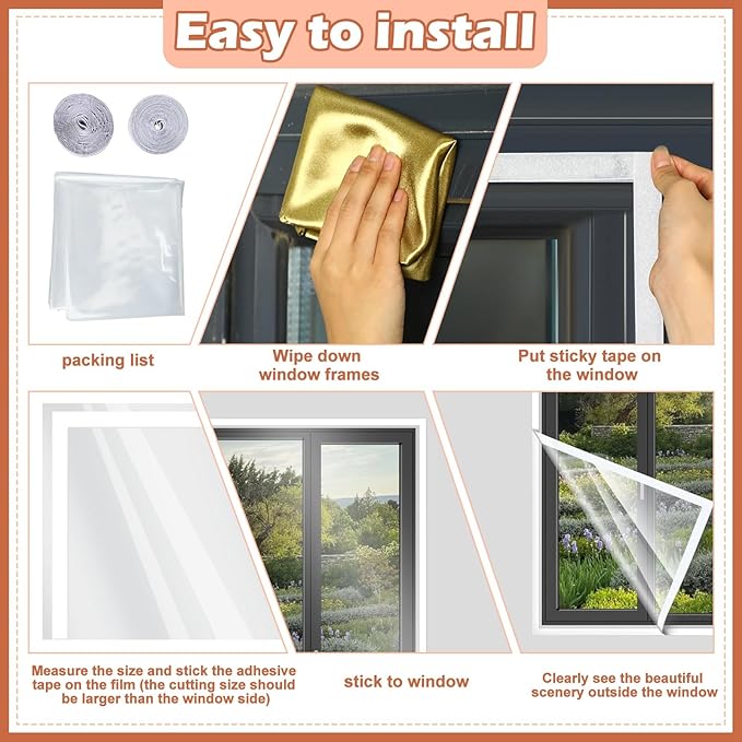 87 Inch X 30 ft Window Insulation Kit Cuttable Transparent Film with Adhesive Straps Reusable Window Plastic for Winterizing Thicken Thermal Waterproof Attic Insulation Cover Warm Winter