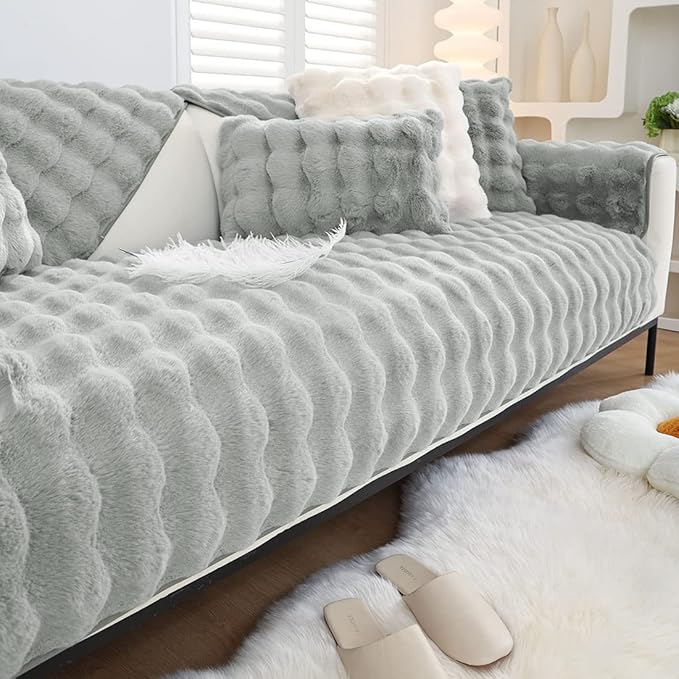 Soft Warm Faux Fur Couch Sofa Cover Thick Shaggy Fuzzy Sectional Couch Cover Non-Slip Solid Color Plush Sofa Slipcover Furniture Protector for Kids, Pets (Light Grey,43"x94")
