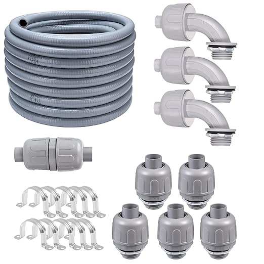 50FT NPT 1/2 Inch Liquid Tight Connector Non-Metallic PVC Electrical Flexible Conduit Fittings, UL Listed - with 5 Straight, 3 Curved and 1 Double-Port Connector