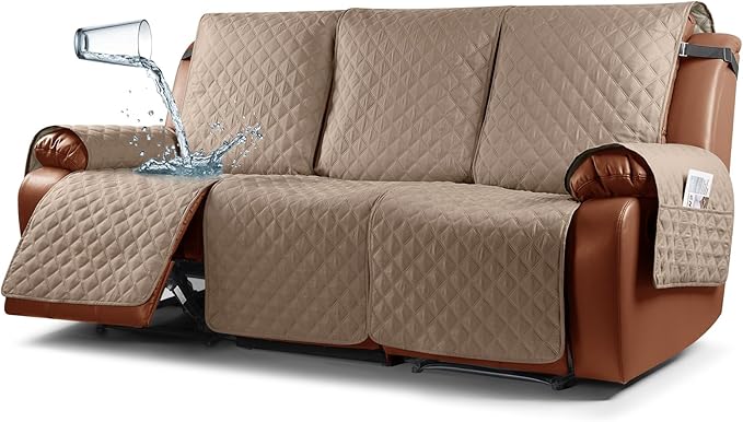 Ruaozz Waterproof Recliner Sofa Covers, 1-Piece Couch Covers for Reclining Couches Reclining Couch Cover Washable Furniture Protector with Elastic Straps Pocket for Kids Pets (Light Brown, 3 Seater)