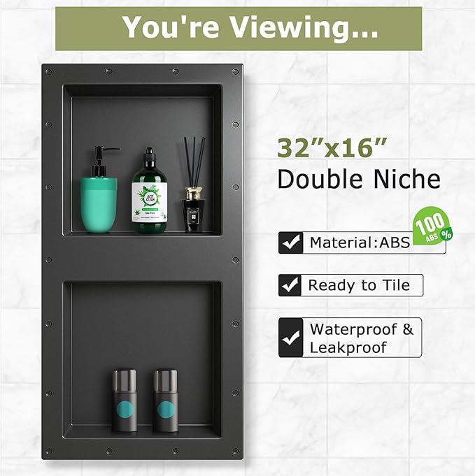 Suteck 32" x 16" Double Shelf Shower Niche Ready for Tile Waterproof Leak-Proof Bathroom Indoor Recessed Niche Storage Washing Toiletries Bottles
