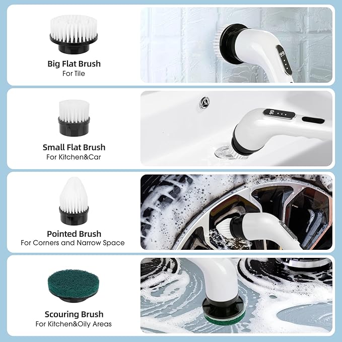 Electric Spin Scrubber, Cordless Cleaning Brush Scrubber for Home 9 Replaceable Brush Heads with Extension Handle, 3 Speeds for Bathroom Shower Bathtub Glass Car