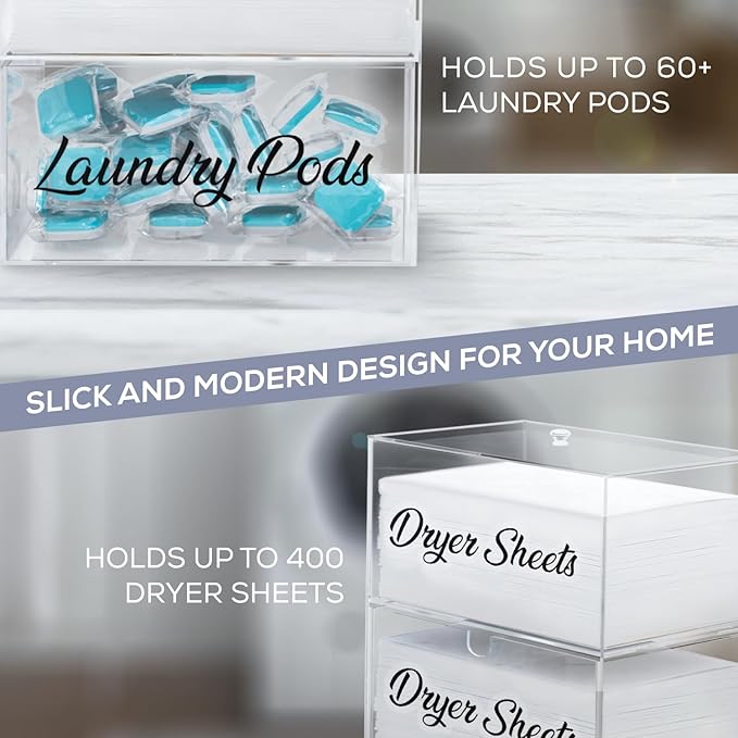 Dryer Sheet Holder, Acrylic Dryer Sheet Dispenser with Anti Slip Pads, Laundry Pod Container, Laundry Room Organization Dispenser, Laundry Pod Holder, Clothes Pins, Dryer Balls Storage