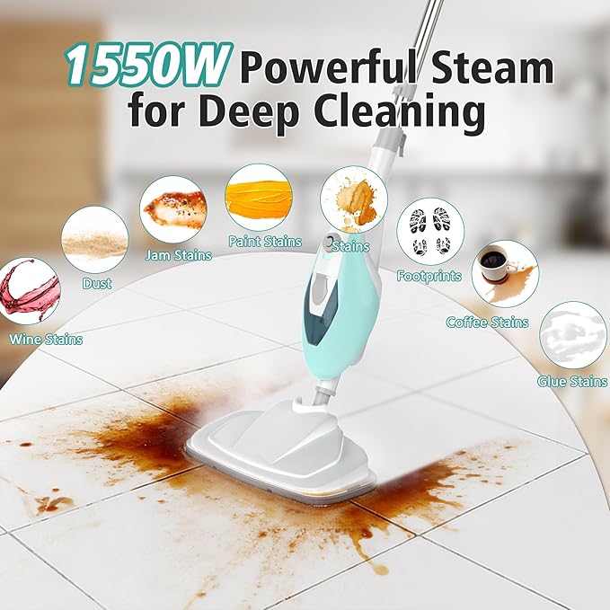 Steam Cleaner for Home, Handheld Floor Steamer Cleaner, Lightweight 12 in 1 Steam Mop Detachable Steamer for Hardwood Floor Tile Couch, 2 Washable Pads, 1550W Deep Cleaning, Green
