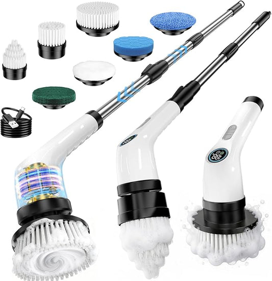 Electric Spin Scrubber, Rechargeable with Upgraded Battery & Extended Runtime, IPX7 Cleaning Brush, 3000mAh Battery 7 Brush Heads 2-Speed Adjustable Long Handle for Bathroom & Tile Floor Cleaning